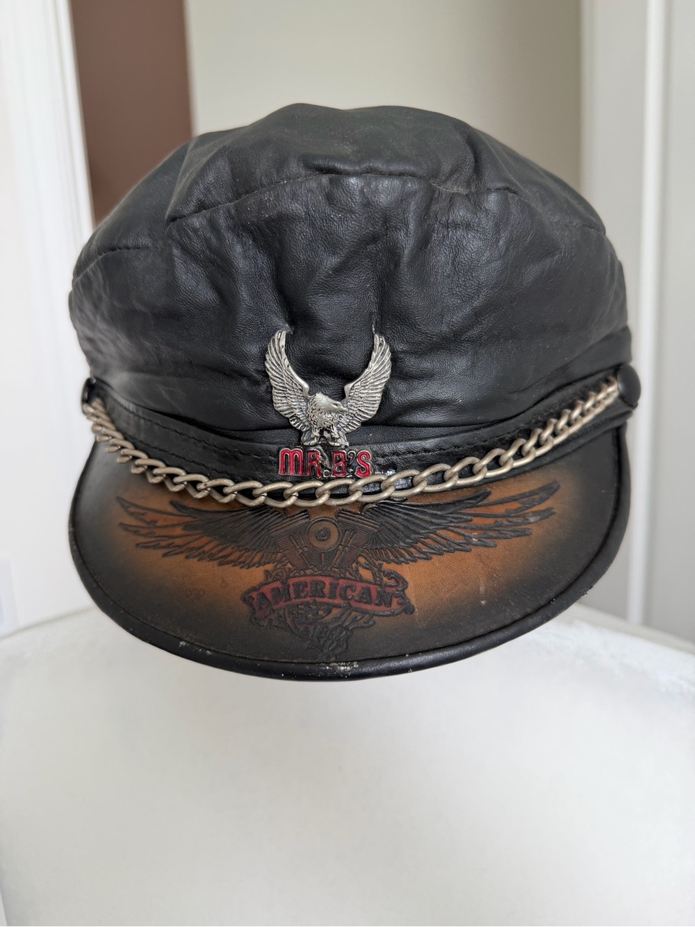 Vintage 90s Leather Biker Captain Hat USA Eagle Chain Moto Rocker Y2K Americana - Picture 2 of 16